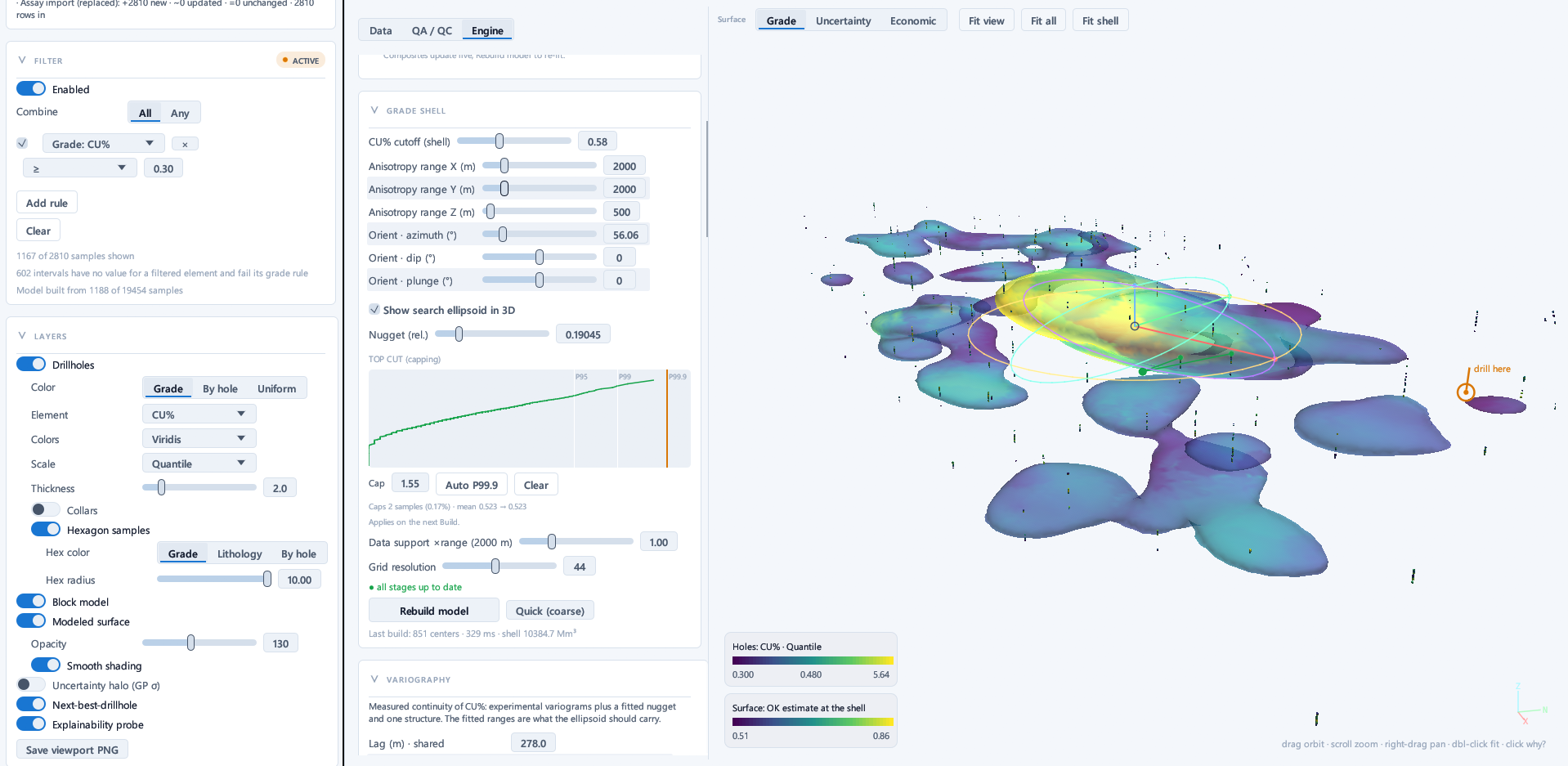 Kimmer Estima screen: layers and filter on the left, the model settings in the middle, and on the right the 3D grade shell built from the drillholes with the suggested location for the next hole