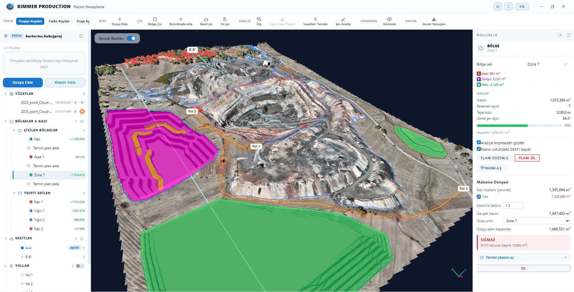 Kimmer Production screen: benched excavation and dump designs on 3D terrain from survey data, zones and their volumes on the left, the material balance on the right