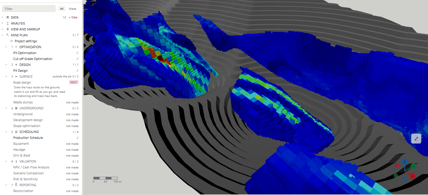 Kimmer Economics screen: the block model and the designed pit in one 3D scene, with the workflow from pit optimisation to reporting on the left